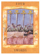 Tarot card titled 'Four Swords' with a person lying down and three swords above them, on an orange border.