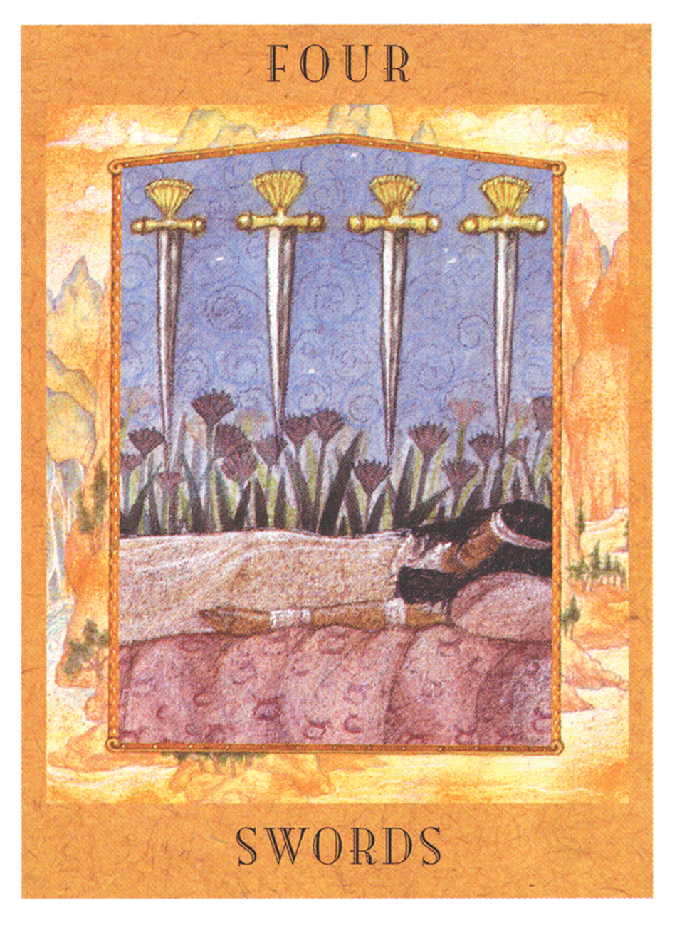 Tarot card titled 'Four Swords' with a person lying down and three swords above them, on an orange border.