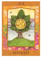 Ace of Pentacles tarot card with a tree and pentacle symbol, surrounded by nature elements.