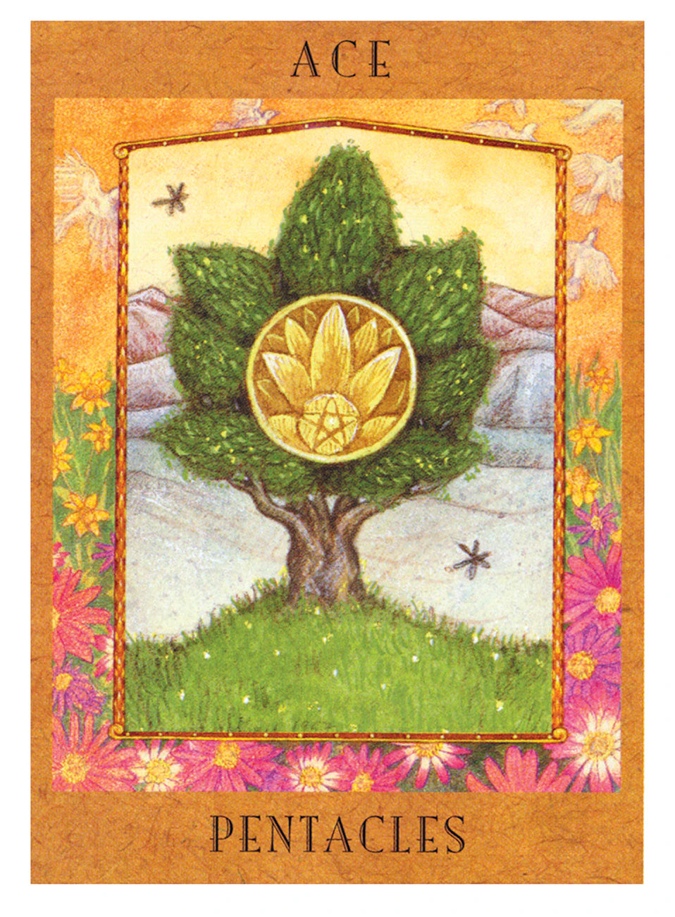 Ace of Pentacles tarot card with a tree and pentacle symbol, surrounded by nature elements.