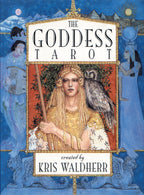 Cover of 'The Goddess Tarot' by Kris Waldherr with illustrations of a woman holding an owl and other figures.