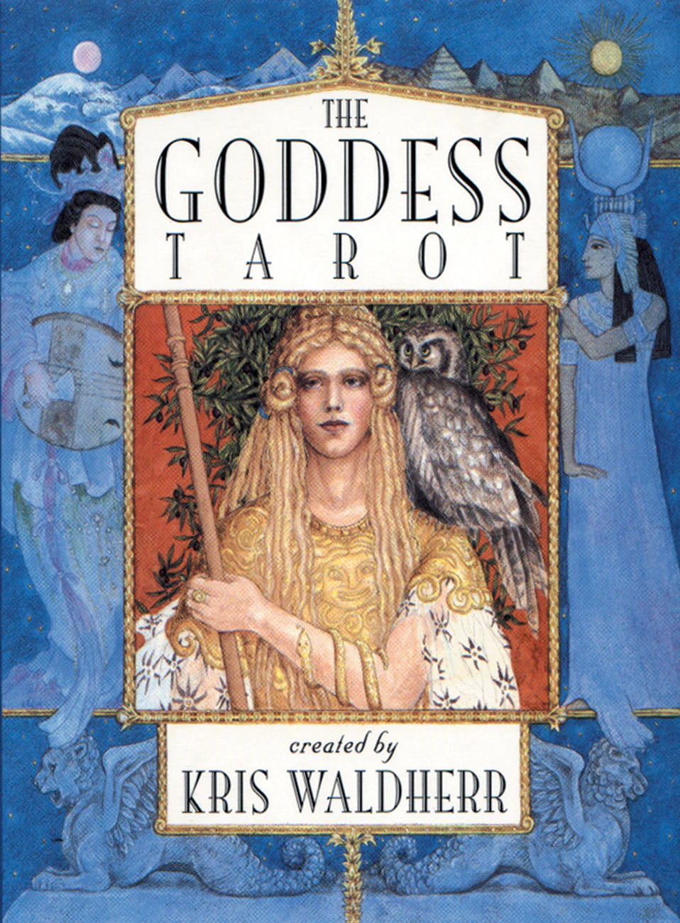 Cover of 'The Goddess Tarot' by Kris Waldherr with illustrations of a woman holding an owl and other figures.