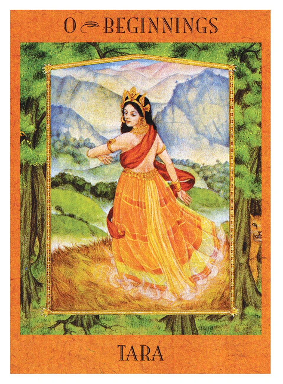Card featuring a woman in a scenic landscape with 'O Beginnings' and 'Tara' text on an orange border.