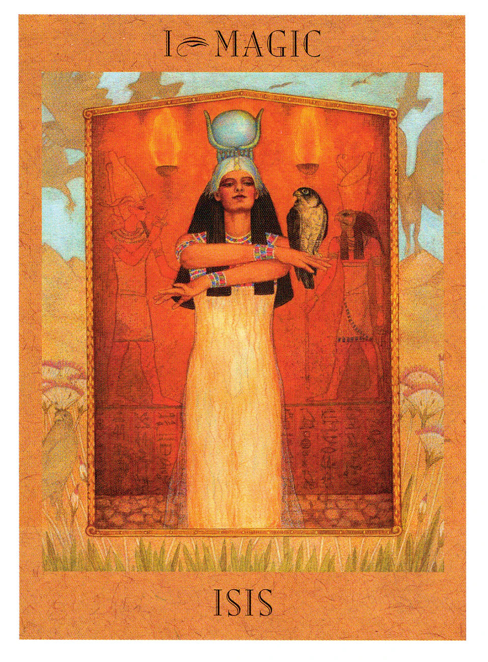 Card featuring a depiction of Isis with a hawk on an orange background, labeled 'Magic'.