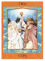 Tarot card titled 'Two of Cups' with two people holding cups in a scenic setting.