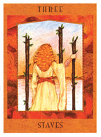 Tarot card titled 'Three Staves' with a woman holding two staves against an orange background.