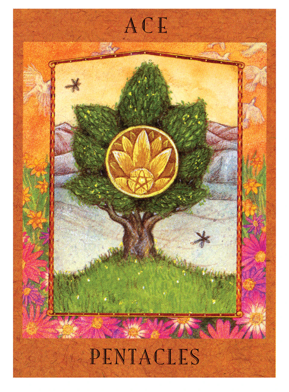 Tarot card featuring a tree with a gold pentacle symbol, surrounded by nature elements.