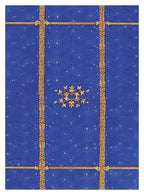 Blue decorative paper with gold patterns and a central design