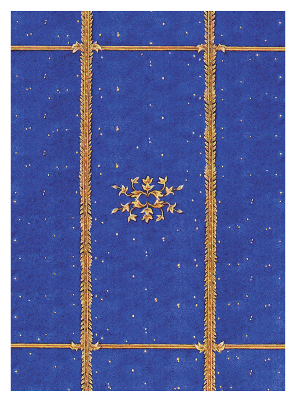 Blue decorative paper with gold patterns and a central design