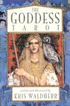 Book cover of 'The Goddess Tarot' with illustration of a woman holding an owl.