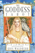 Book cover of 'The Goddess Tarot' with a woman holding an owl and a staff against a blue background.