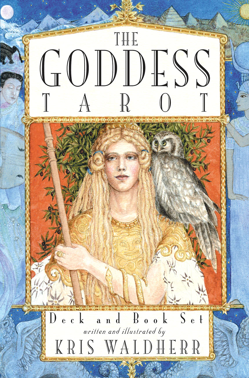 Book cover of 'The Goddess Tarot' with a woman holding an owl and a staff against a blue background.