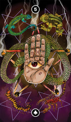 Card with symbols of a hand, eye, and creatures on a dark background