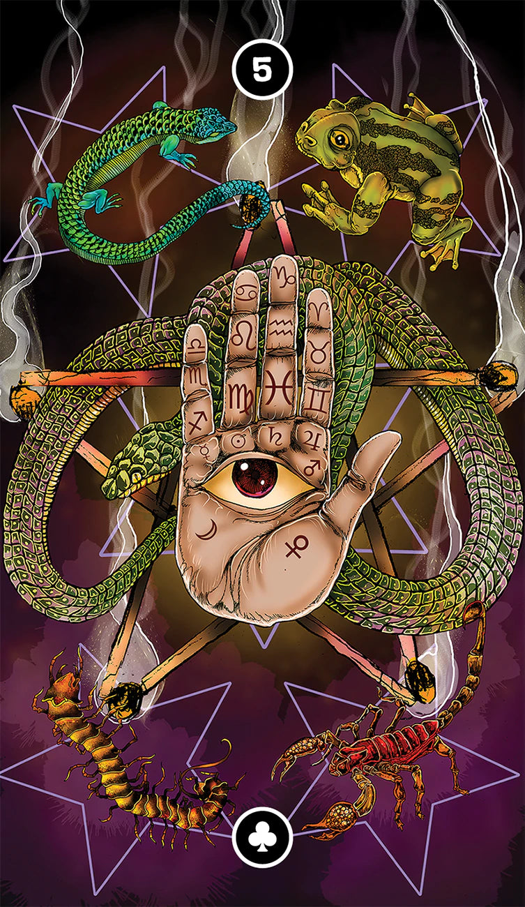 Card with symbols of a hand, eye, and creatures on a dark background