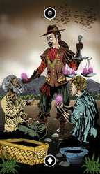 Cartoonish illustration of a character with a microphone and weights, interacting with two other characters in a desert setting.