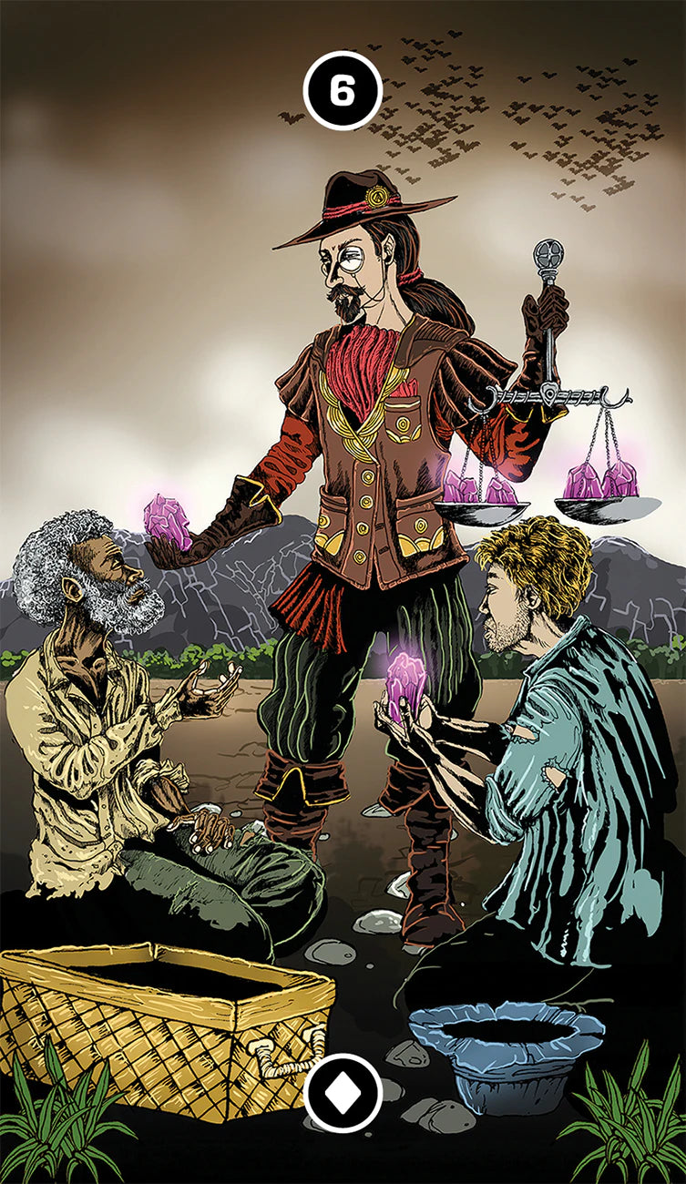 Cartoonish illustration of a character with a microphone and weights, interacting with two other characters in a desert setting.