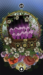 Decorative card with a purple dress in a wooden box surrounded by flowers and decorative elements.