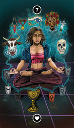 Digital artwork of a meditating figure surrounded by mystical symbols and objects on a dark background.