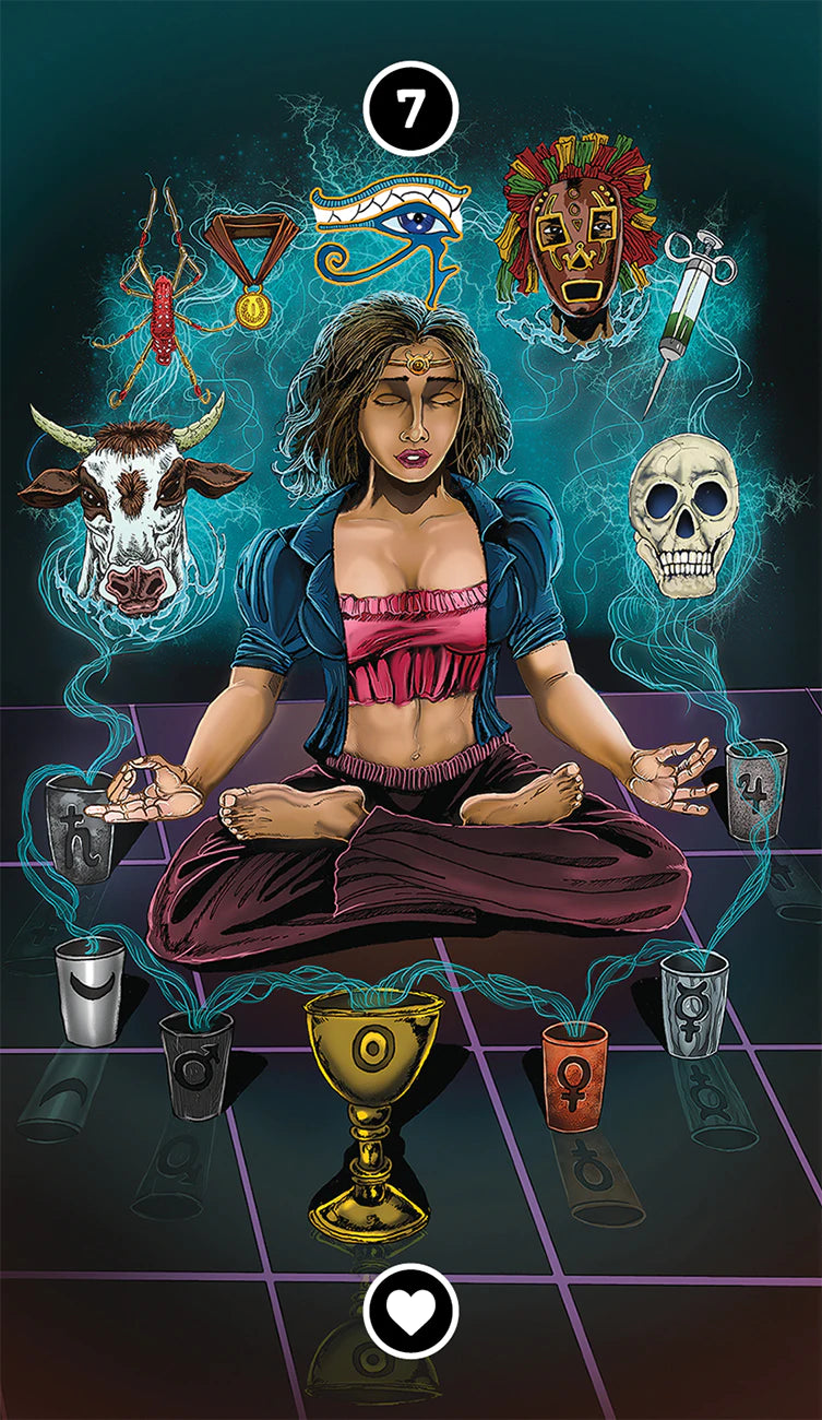 Digital artwork of a meditating figure surrounded by mystical symbols and objects on a dark background.