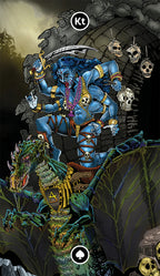 Fantasy character with blue skin and armor sitting on a dragon, surrounded by skulls and dark background.