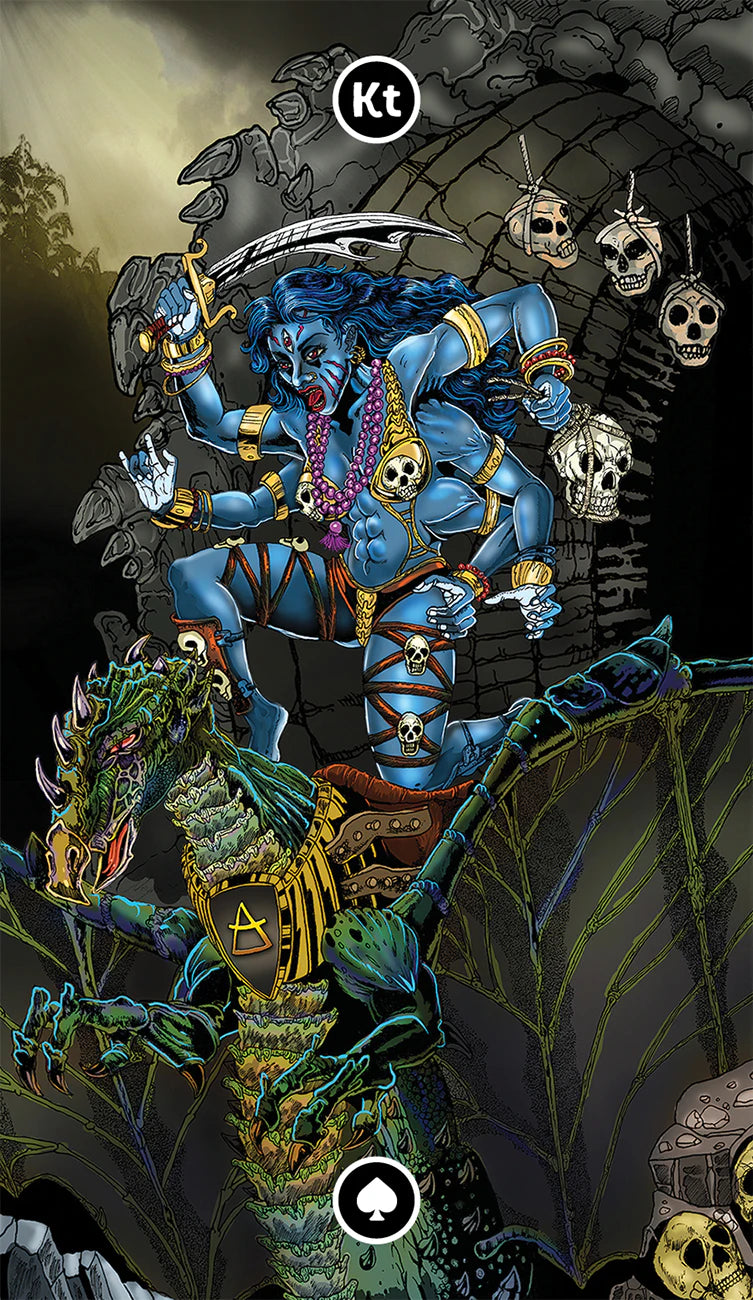 Fantasy character with blue skin and armor sitting on a dragon, surrounded by skulls and dark background.