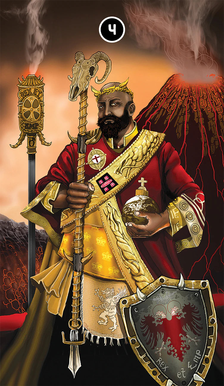 Figure in regal attire with armor and a shield, set against a dramatic background.