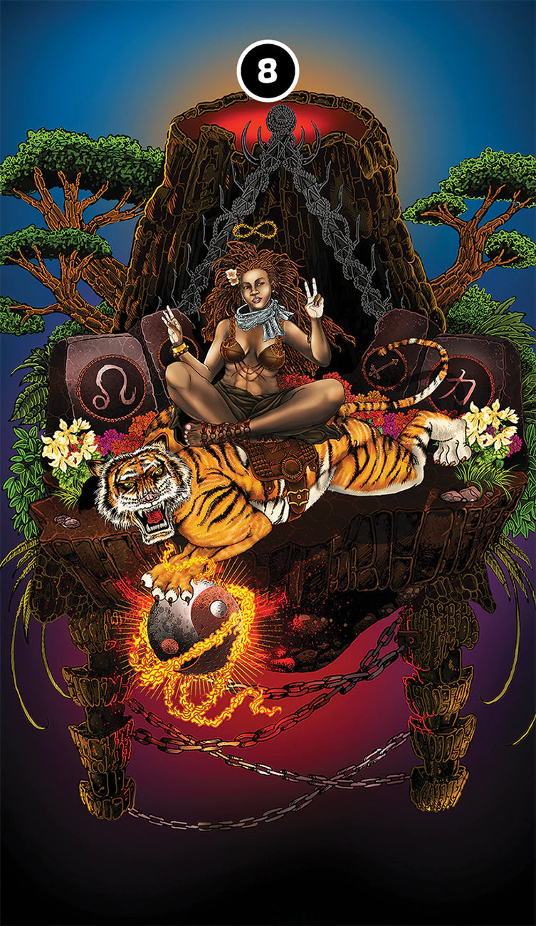 Tribal figure with a tiger and floral elements on a dark background