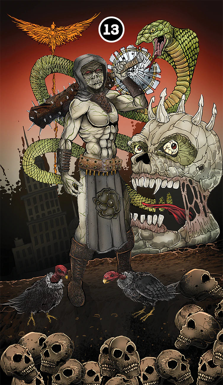 Illustration of a muscular figure with a snake and eagle, surrounded by skulls and birds, with the number 13.