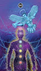 Card with angelic figure and chakra diagram on a purple background