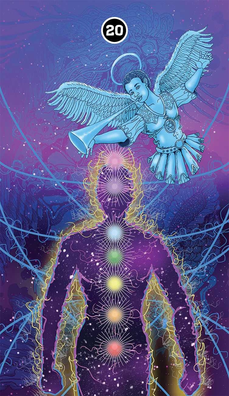 Card with angelic figure and chakra diagram on a purple background