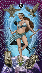 Tarot card featuring a woman with animals around her on a cosmic background