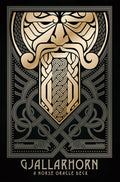 Decorative card with a face design and 'Gjallarhorn' text on a black background