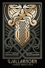 Decorative card with a face design and 'Gjallarhorn' text on a black background