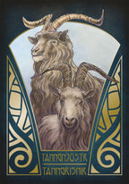 Illustration of two goats with decorative frame and text