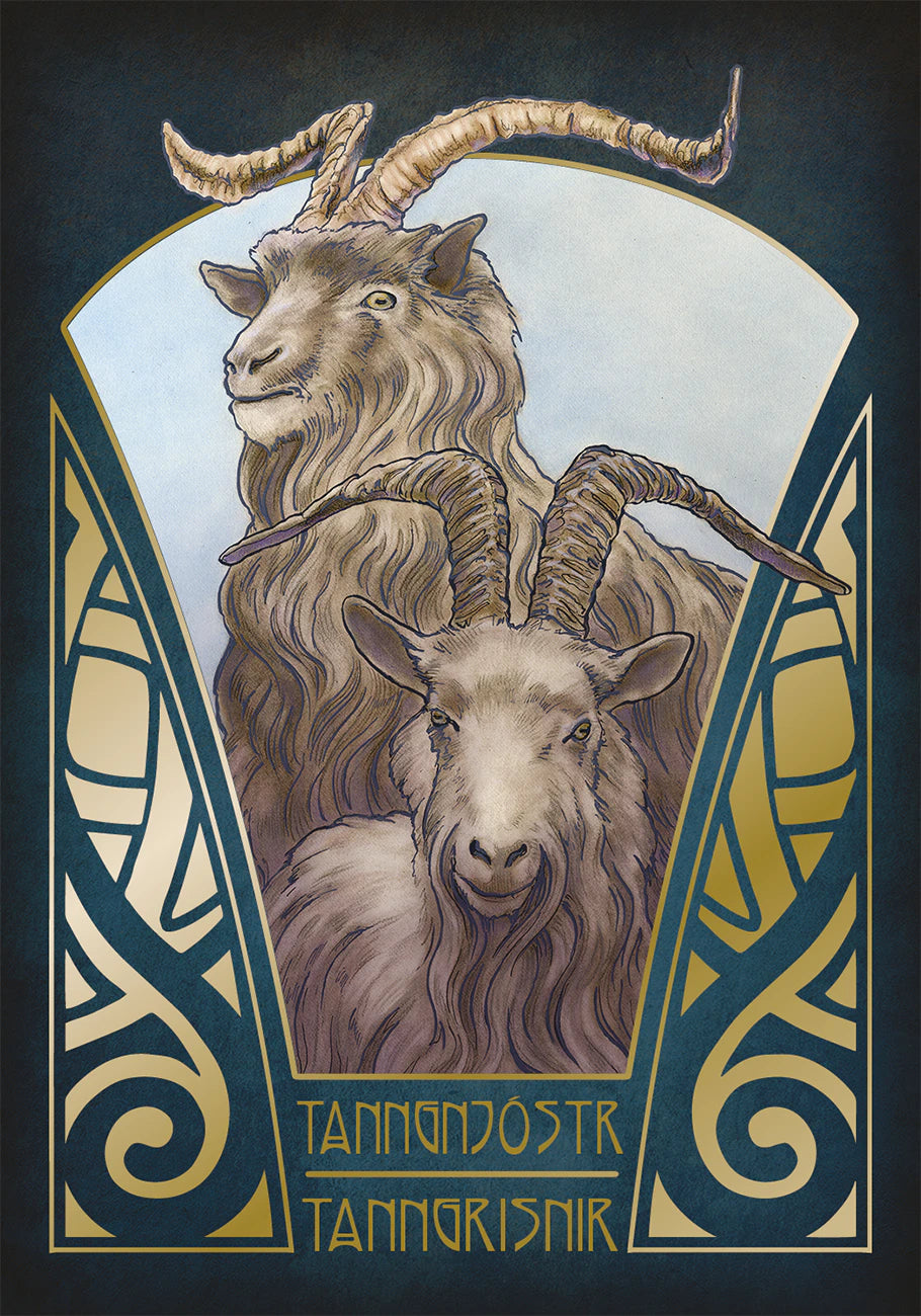 Illustration of two goats with decorative frame and text