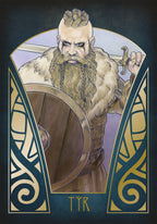Illustration of a bearded warrior holding a sword and shield with decorative elements.