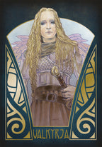 Illustration of a Valkyrie with wings and a spear, framed by decorative elements on a dark background.