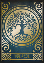 Decorative cover with a tree of life design and 'Yggdrasil' text on a blue background