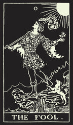 Vintage-style tarot card illustration of 'The Fool' with a person holding a staff and a bird, set against a black background.