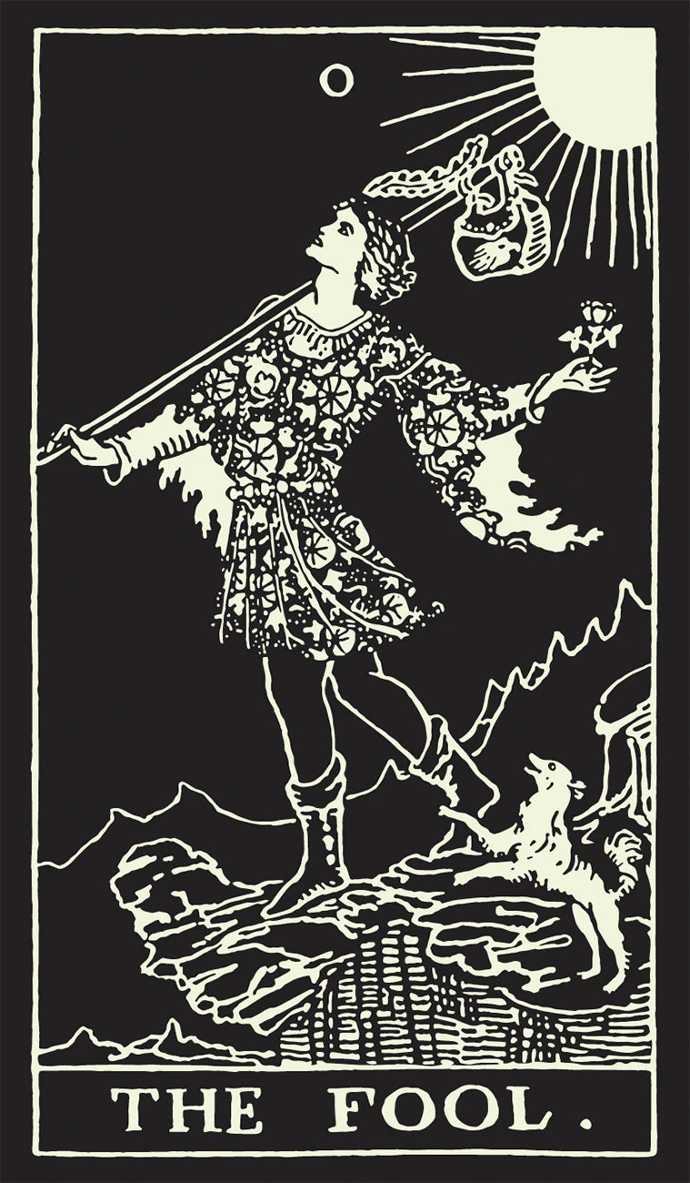 Vintage-style tarot card illustration of 'The Fool' with a person holding a staff and a bird, set against a black background.