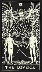 Tarot card 'The Lovers' with black and white illustration of two people and a central figure.