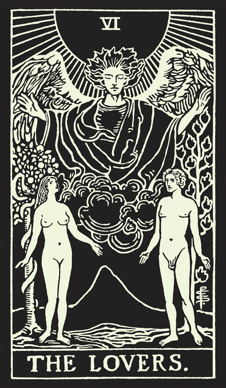 Tarot card 'The Lovers' with black and white illustration of two people and a central figure.
