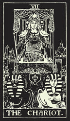 Tarot card titled 'The Chariot' with a central figure and sphinxes on a black background.