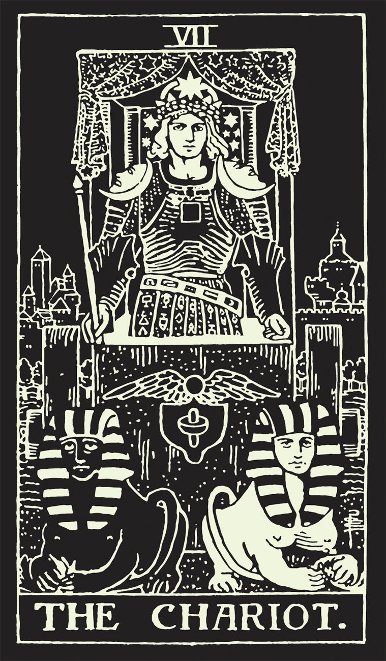 Tarot card titled 'The Chariot' with a central figure and sphinxes on a black background.
