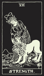 Tarot card titled 'Strength' with a black and white illustration of a woman and lion.
