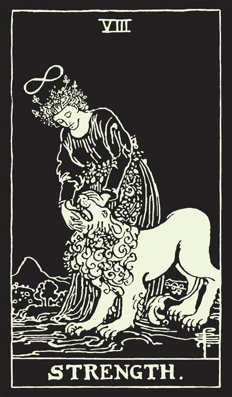 Tarot card titled 'Strength' with a black and white illustration of a woman and lion.