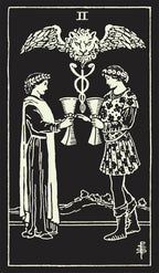 Two figures holding cups with a central symbol above them on a black background