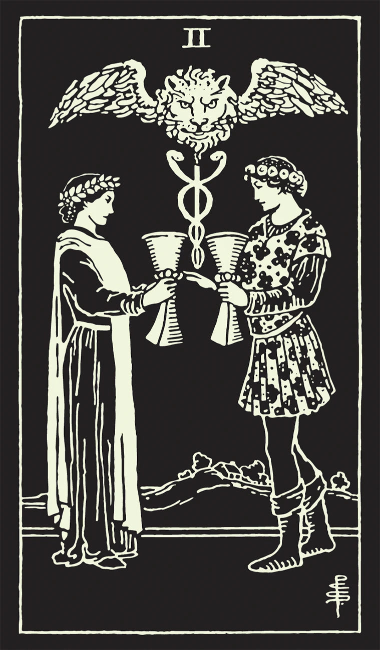 Two figures holding cups with a central symbol above them on a black background