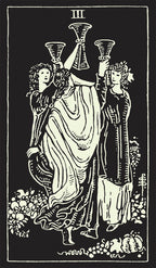 Vintage-style illustration of three figures with cups in a classical setting