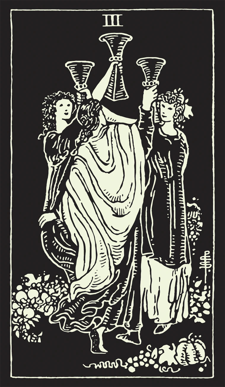 Vintage-style illustration of three figures with cups in a classical setting